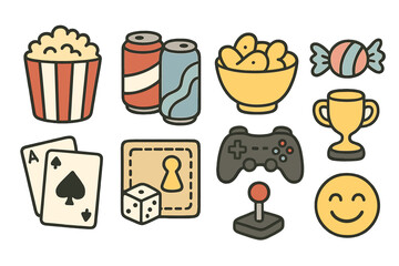Colorful icons of snacks, games, and fun for entertainment themes