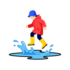 Obraz premium A young child in a red raincoat blue hat and yellow boots joyfully splashing and walking through a water puddle.