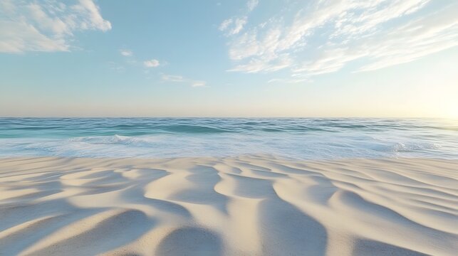 Digital illustration of a serene beach scene with waves, sky, and sandy shoreline. - Powered by Adobe