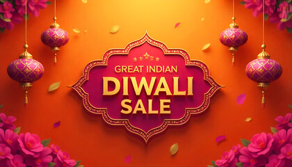 Great Indian Diwali Sale. Flower shaped gift tag with group of paper graphic Indian lantern. The Festival of Lights.