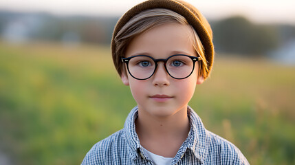 Portrait of a cute little boy wearing glasses and a hat. Childhood, fashion, and playful lifestyle concept.