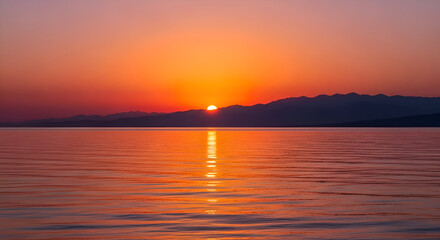 Obraz premium Serene Ocean Sunset with Mountain Silhouettes