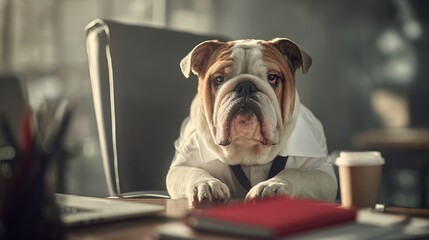 Melancholic English bulldog dressed as a businessman sitting at a modern office desk with laptop, coffee and supplies, humorous corporate stress concept in photorealistic style