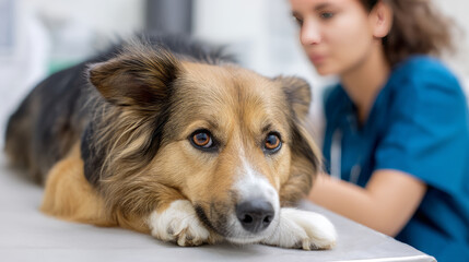 Smiling young veterinarian in blue coat holding dog providing compassionate care in modern veterinary clinic smiling at camera. Injury recovery, healthcare concept, pet treatment and prevention, trust