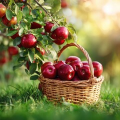 A wicker basket filled with red apples sits on green grass under an apple tree. Sunlight filters through the leaves, creating a warm atmosphere.