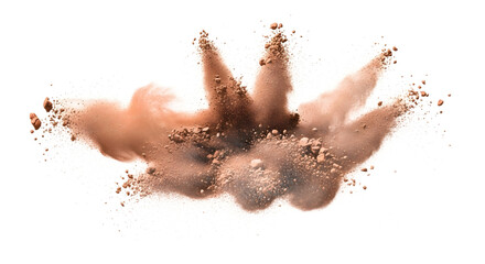 Dynamic burst of fine brown clay powder captured mid-air, creating an abstract dusty splash of particles isolated on a white background
