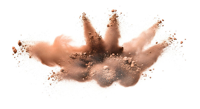 Dynamic burst of fine brown clay powder captured mid-air, creating an abstract dusty splash of particles isolated on a white background