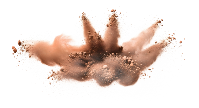 Dynamic burst of fine brown clay powder captured mid-air, creating an abstract dusty splash of particles isolated on a white background