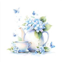 Delicate teapot and cup adorned with hydrangeas and butterflies creates a tranquil romantic scene in soft pastel hues