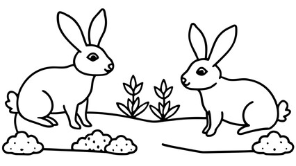 Two Cute Rabbits in a Field Line Art Illustration