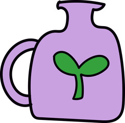 Cartoon Watering Can with Green Sprout Purple Body Black Outline.