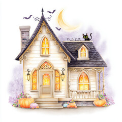 Illustration of  Charming a house with Halloween decorations featuring ghosts, pumpkins, and a friendly black cat
