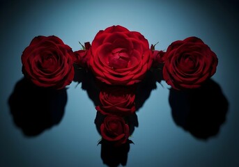 Red Roses Elegance Arrangement with Shadow Artistry and Subtle Blue Background