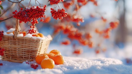 Naklejka premium A woven basket filled with oranges sits on a snowy surface. Bright red berries hang from branches in the background, creating a winter scene.