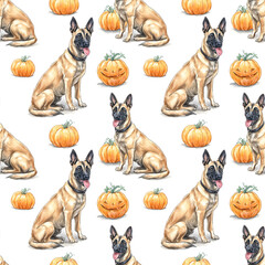 Seamless Pattern of playful dogs and pumpkins in a whimsical autumn design for seasonal decor