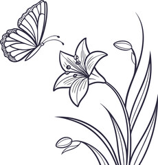 Obraz premium Minimalist violet flower with a hovering butterfly line art design