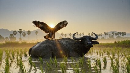 AI Generated: Buffalo Working Hard in Rice Field
A hyper-realistic cinematic wide shot of a muddy buffalo pulling a heavy wooden plow through flooded paddy fields at dawn. Its powerful body strains fo
