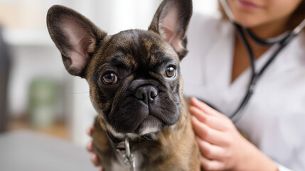 Smiling young veterinarian in blue coat holding dog providing compassionate care in modern veterinary clinic smiling at camera. Injury recovery, healthcare concept, pet treatment and prevention, trust