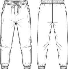 Jogger pants flat sketch, technical vector drawing, front and back view, elastic waist, casual wear fashion CAD template