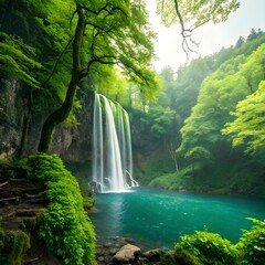 Serene Waterfall in Lush Forest: A captivating waterfall cascades into a tranquil pool surrounded by vibrant green foliage, creating a picturesque and refreshing natural scene.