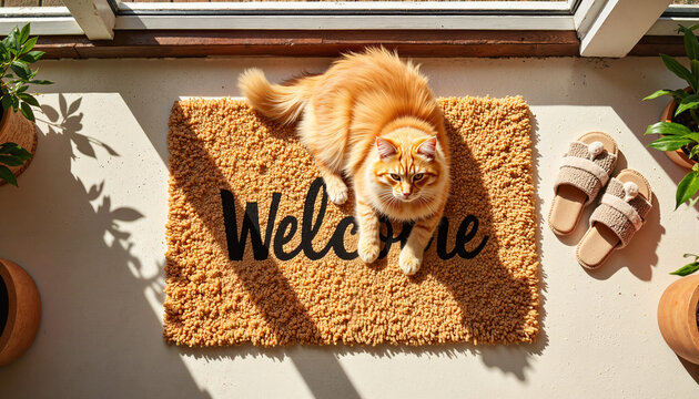 Ginger cat lounging on welcome mat in sunny porch, home comfort