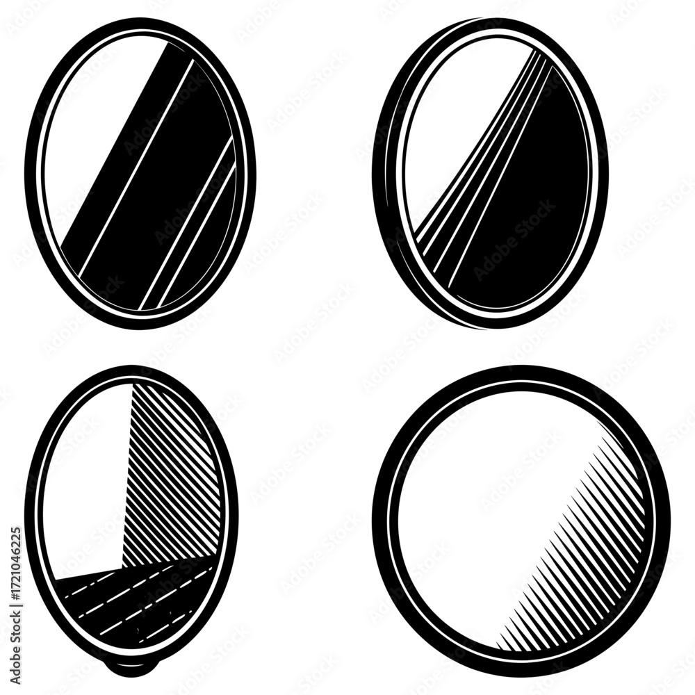 Poster Four circular and oval objects with varying internal patterns and shading in black and white style