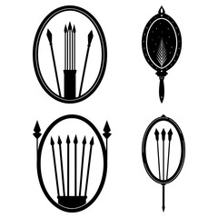 Collection of oval emblems featuring arrows and a decorative mirror in black and white design style