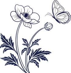 Elegant line art of a delicate anemone flower with a graceful butterfly in flight