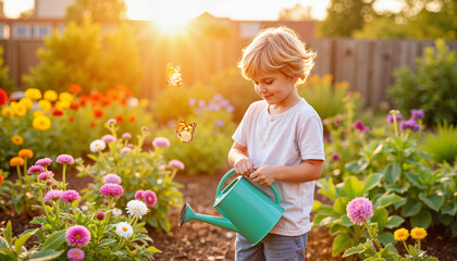 Child watering flowers in vibrant community garden at sunrise, nurturing nature