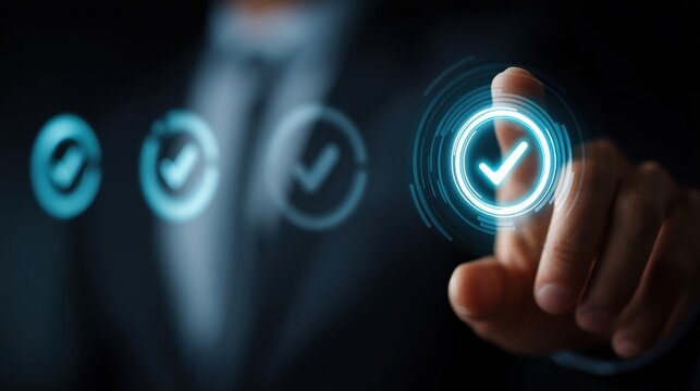 Business hand selects one of several glowing circular check marks on a dark UI. Useful for approval workflows, onboarding steps, QA processes, and slides about progress, verification, task completion