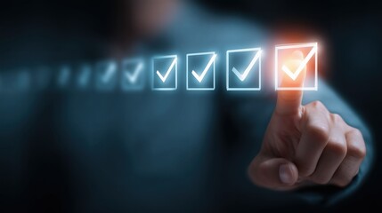 Finger taps the final checkbox in a glowing row on a dark interface. Ideal for task management, onboarding, QA checklists, and slides about completion, milestones, productivity, and project progress.