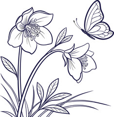 Elegant line art of a hellebore flower with a butterfly in flight