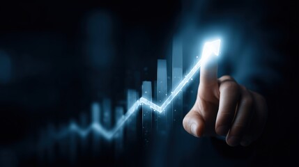 Close-up hand selects glowing blue bar chart rising upward on a dark screen. Great for fintech reports, analytics dashboards, presentations, and ads about profit, revenue growth and forecasting.