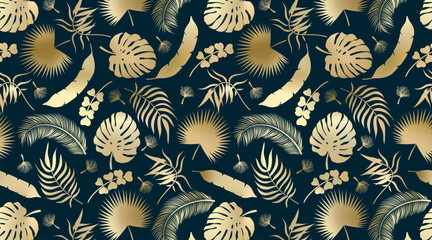 Abstract palm leaves pattern wallpapers. Vector gradient gold tropical jungle texture on dark background. Abstract palm leaf silhouettes summer golden foil print for wrapping, backdrop, decor.