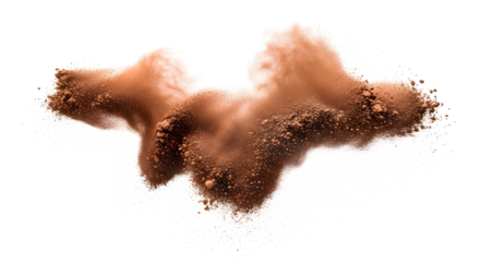 An abstract explosion of fine reddish clay dust suspended mid-air, creating a dynamic cloud isolated on a white background