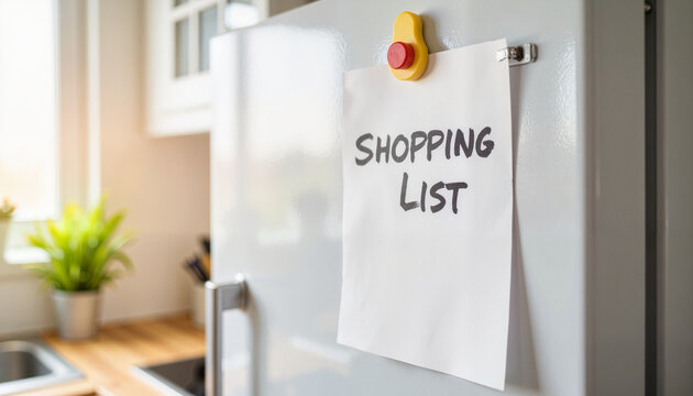 Handwritten shopping list on fridge with cheerful magnet, home organization