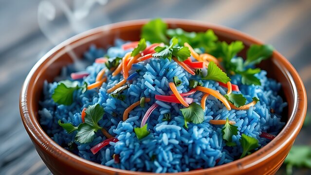 Colorful nasi kerabu in a terracotta bowl, blue rice contrasting with fresh herbs and aromatic spices.