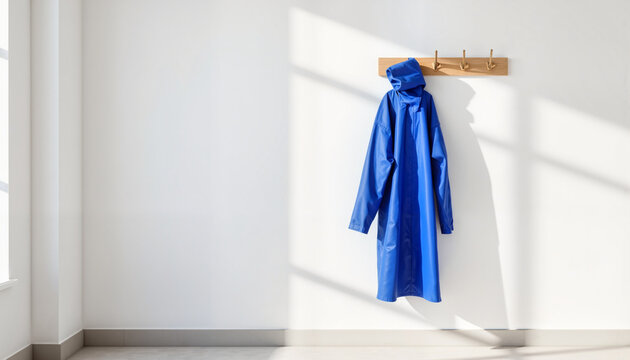 Minimalistic blue raincoat hanging in hallway, simplicity in design