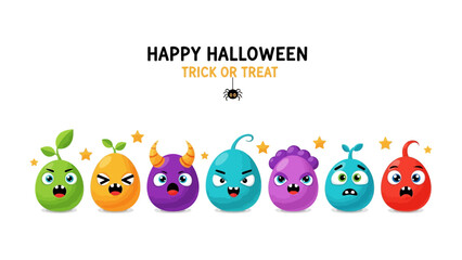 Whimsical Halloween Friends Gathering: A charming illustration of colorful cartoon monsters line up in an anticipation of Trick or Treat event in Halloween holiday