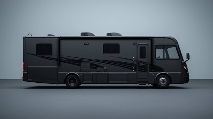 Sleek black RV, side view against gray background, minimalist design