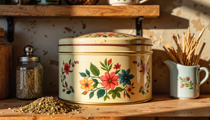 Vintage floral tea tin in cozy kitchen, warm morning ambiance