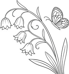 Elegant line art of a sweet pea flower with a delicate butterfly in white
