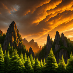 Dramatic mountain peaks under fiery sunset sky