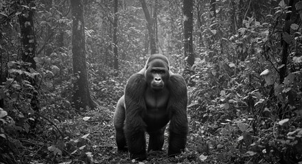 Majestic silverback gorilla stands powerfully in a misty jungle forest scene