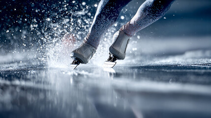 A dynamic sports photo of close-up of speed skaters' legs on a stadium track during the Olympic competitions, blurred background, reportage style