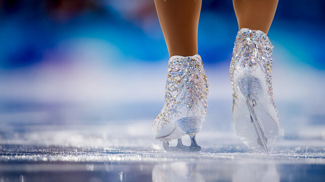Sports photography - close-up of a figure skater's legs in figure skates on the ice of a stadium during the competition, blurred background, reportage style