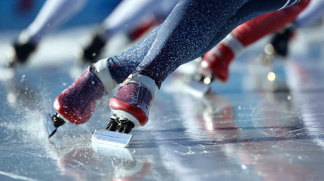 A dynamic sports photo of close-up of speed skaters' legs on a stadium track during the competitions, blurred background, reportage style