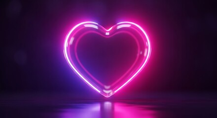 Glowing neon pink and purple heart shape on a dark reflective surface love light