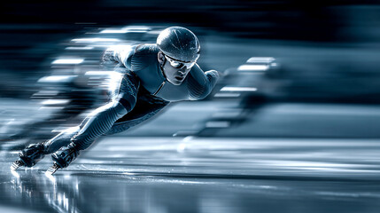 Dynamic sports photo of a speed skater on the ice of a stadium during the competition, blurred background, athletic pose