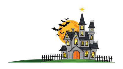 Spooky Halloween House: The spooky illustrated Halloween house scene features bats, a moon, and a decorative house to symbolize Halloween's essence.